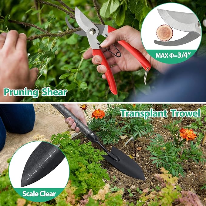 Garden Tool Set,5 Pieces Stainless Steel Heavy Duty Gardening Tool Set with Extendable Long Handle, Include Trowel, Cultivator, Hand Weeder, Pruning Shears, Gardening Gift for Women Kids Men