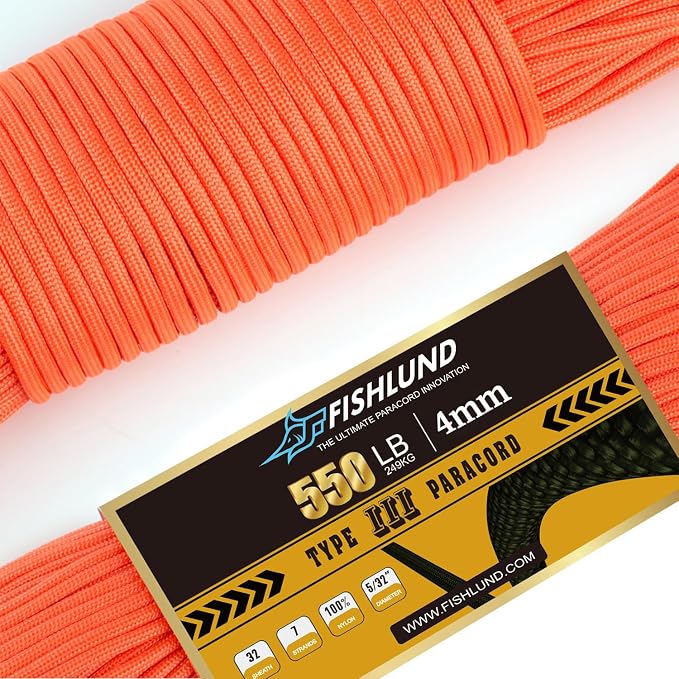 Paracord 550 lb, 7 Strand Paracord Rope 100ft 4mm, Nylon Parachute Cord by FISHLUND