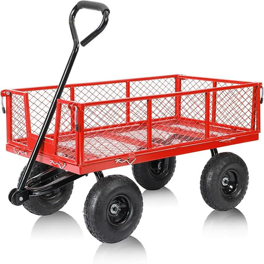 SUNNYFEEL 900 Lbs Capacity Heavy Duty Mesh Steel Garden Cart,Folding Utility Wagon with Removable Sides,10 Inch Flat Free Tires, Red