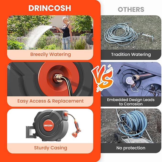 Upgraded Retractable Garden Hose Reel 1/2" x 155 ft Pro 180° Swivel Metal Bracket Automatic Retract Heavy Duty Hose Reels Wall Mount Any Length Lock 9 Pattern Nozzle Garden Watering