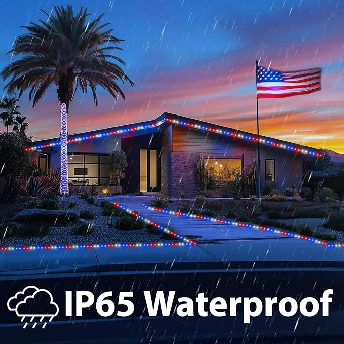 50ft LED Rope Lights Outdoor,360 LED Connectable & Flexible Tube Lights with 8 Modes, Waterproof LED Rope Lighting for Independence Flag Day, Memorial Day, Outdoor,Indoor Decor (Red & White & Blue)