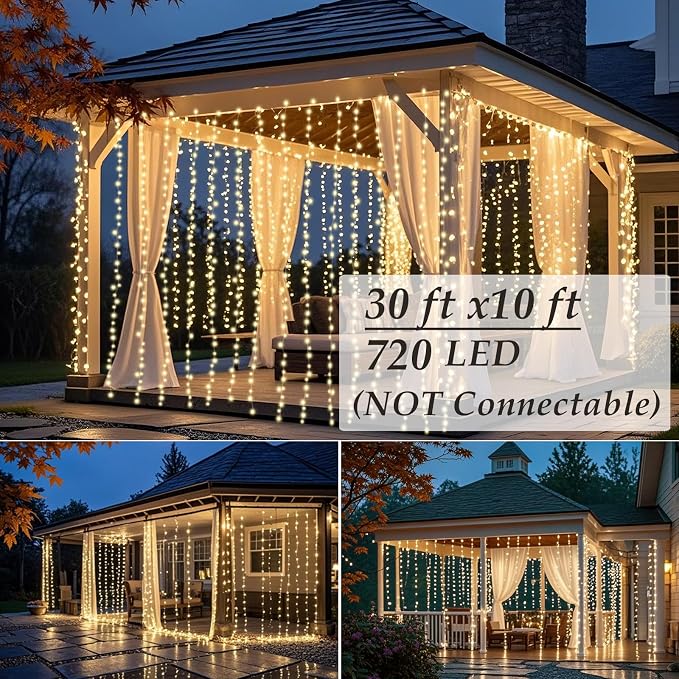Solhice LED Curtain Lights Outdoor 30ft x10ft, 720 LED Plug in Hanging String - Image 3