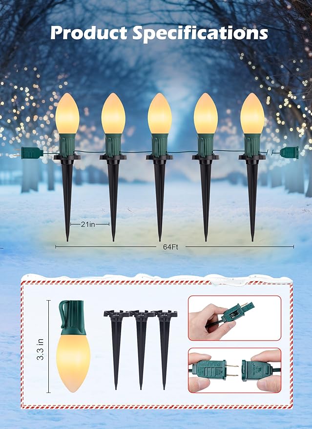 Brightown Frosted C9 LED Christmas Lights Outdoor, 32Ft Pathway Lights with 25 LED Bulbs, Warm White