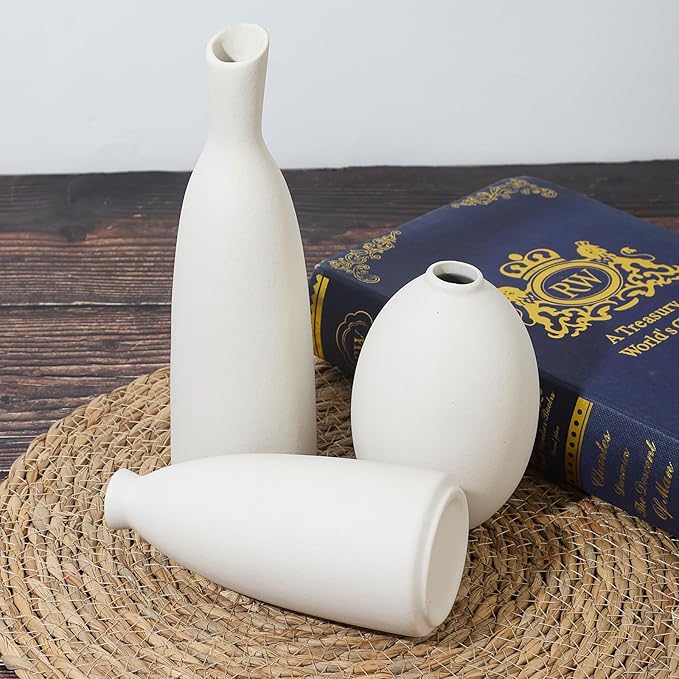 Ceramic Vase Set of 3, Small Flower Vase for Home Decor, Decorative Vases for Pampas Grass & Dried Flowers, Living Room, Bedroom, Bathroom, Shelf Centerpiece Table Decorations