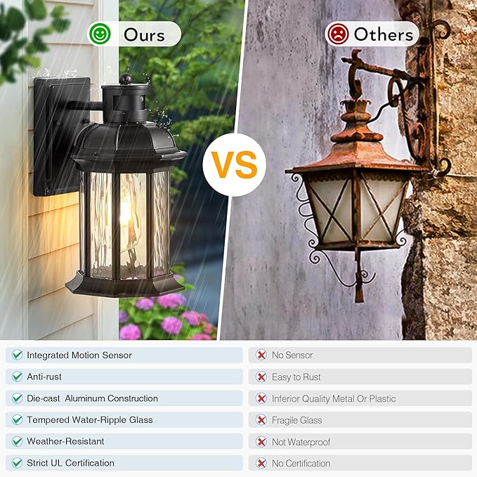 VIANIS Dusk to Dawn Motion Sensor Outdoor Porch Lights, Modern Black Exterior Porch Light Fixtures Wall Mount, Anti-Rust Aluminum Waterproof Wall Lantern With Tempered Ripple Glass For Garage Entryway