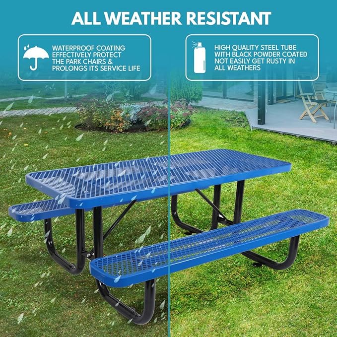 6 ft. Rectangular Outdoor Steel Picnic Table with Umbrella Pole, Heavy-Duty Weather-Resistant Dining Table for Patio, Backyard, and Garden, Rust-Resistant Finish, Blue