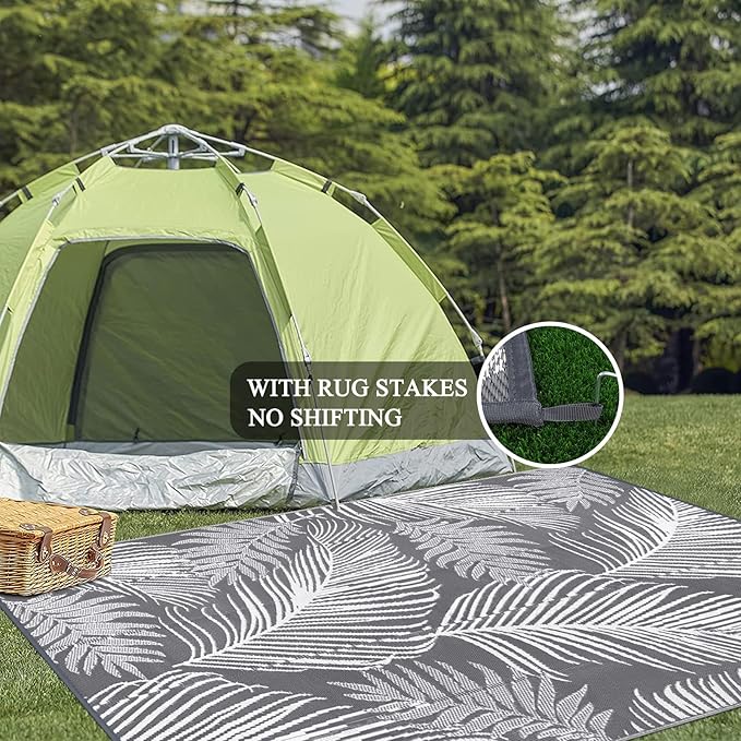 Pauwer Waterproof Outdoor Rug 8x10, Reversible Plastic Straw Patio Camping Rug, Indoor Outdoor RV Mat Carpet for Deck, Camper, Porch, Balcony, Backyard, Picnic, Leaf Grey