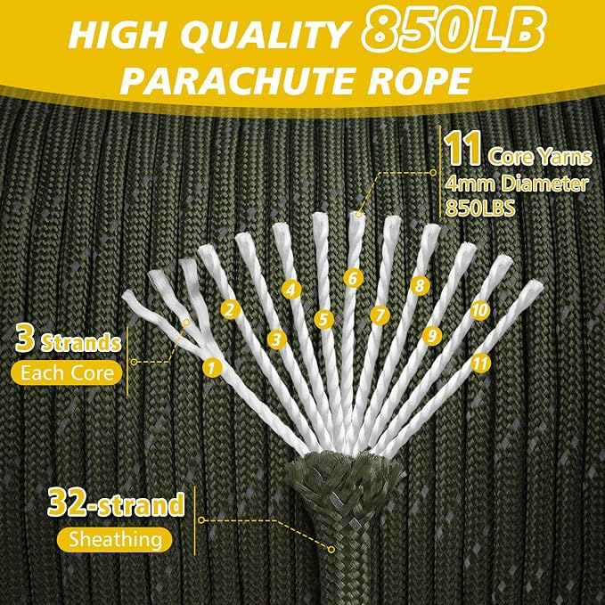 Reflective Paracord Rope 850Ib, 50/100/200/500/1000ft 4MM 11 Strand Parachute - Image 2