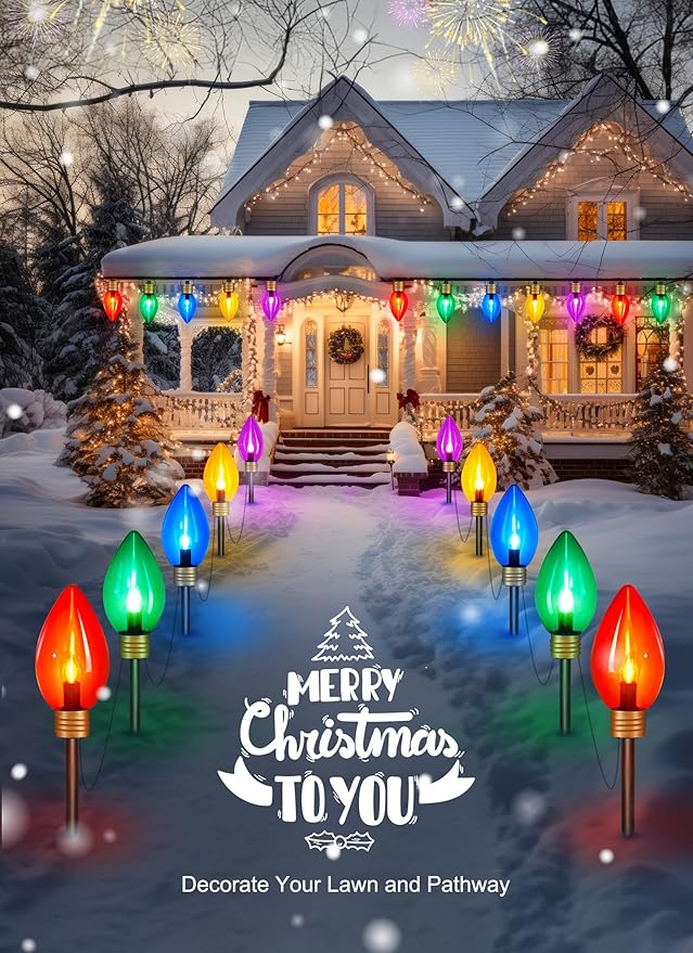 Super Jumbo C9 Christmas Pathway Lights - 11FT 5 LED Walkway Lights, Multicolor Outdoor Decoration for Yard Holiday Lawn