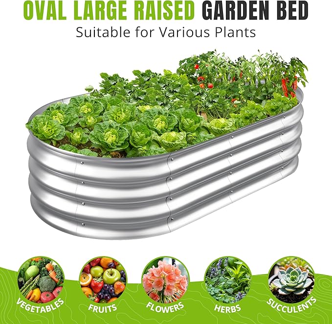 Sponvatt Raised Garden Bed - Outdoor Galvanized Raised Garden Bed Planter Boxes, Large Oval Metal for Gardening Planter Box Kit,Suitable for Vegetables,Herbs, and Flowers (4x2x1 Ft,Silver)