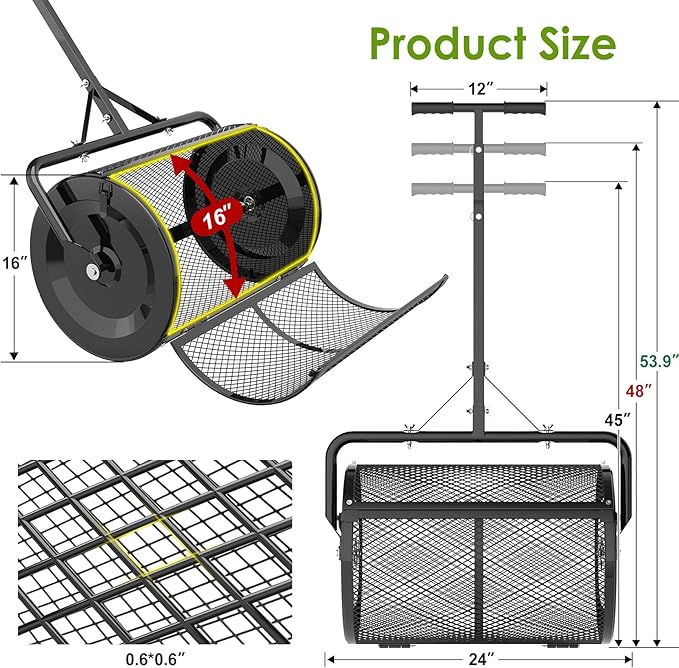 Seeutek Compost Spreader, 24" Peat Moss Spreader with 3 Heights, Top Soil Spreader W/Upgraded Side Latches Support Rod Powder Coated Metal Mesh Top Dressing Spreader for Lawn, 2 Way Uses-Push or Tow
