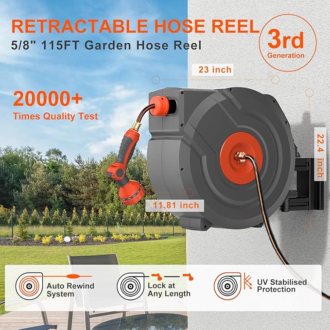 Upgraded Retractable Garden Hose 5/8 in x 115 ft Heavy Duty Wall-Mounted Hose Reel 180°Swivel Automatic Slow Return Any Length Lock 9 Pattern Nozzle UV Resistant (Black)