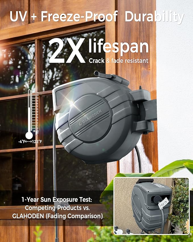 Retractable Garden Hose Reel 5/8 in x 90 ft, 2025 Upgraded Dual Ratchet Lock UV & Freeze Protection Brass Seal Slow Retraction Anti-Tangle Hose 180°Swivel Reinforced Scaffold Wall Mount