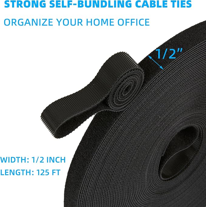 125 ft x 1/2 inch Hook and Loop Roll, Reusable Fastening Cable Ties, Office and - Image 2