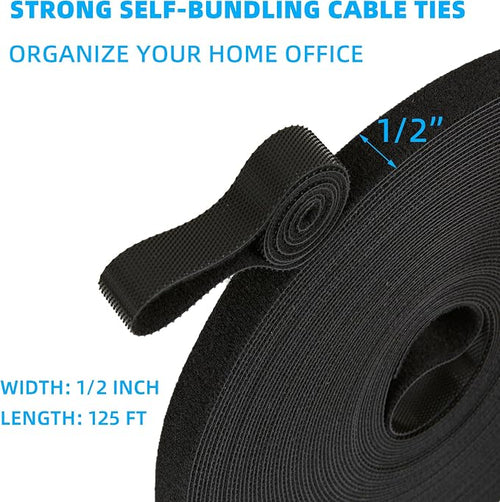 125 ft x 1/2 inch Hook and Loop Roll, Reusable Fastening Cable Ties, Office and - Image 2