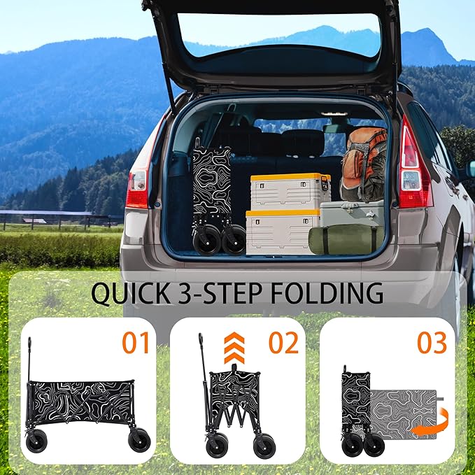 Collapsible Wagon with Big Wheels, Wagons Carts Foldable 400LBS Large Capacity, Heavy Duty Utility Cart Grocery Wagon w/Side Pockets and Brakes, All-Terrain Beach Cart for Camping, Sports, Shopping