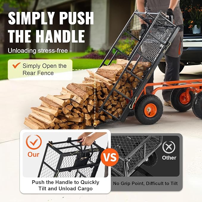 VEVOR 880lbs Steel Garden Dump Cart Utility Wagon, Heavy Duty Yard Dump Wagon Cart with Removable Sides, Pullable Handle, Utility Liner, 10in All Terrain Wheels