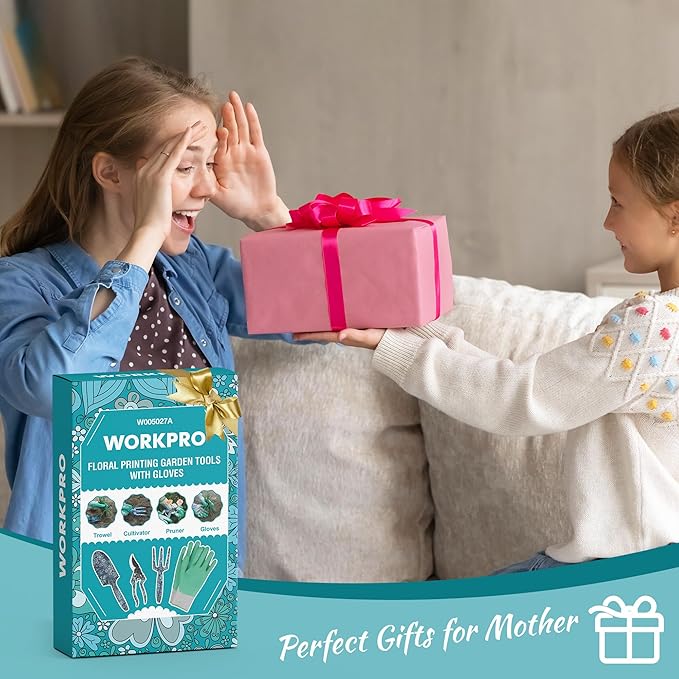 WORKPRO Aluminum Garden Tool Set, 4PCS Heavy Duty Hand Garden Tools with Box Include Trowel, Rake, Pruner, Garden Gloves, Blue Floral, Garden Gifts