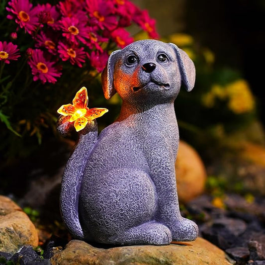 Nacome Solar Dog Outdoor Statues for Garden: Outside Decor with Butterfly Clearance for Yard Art Lawn Ornaments Porch Patio Balcony Home House - Birthday Gifts for Grandma Mom Women