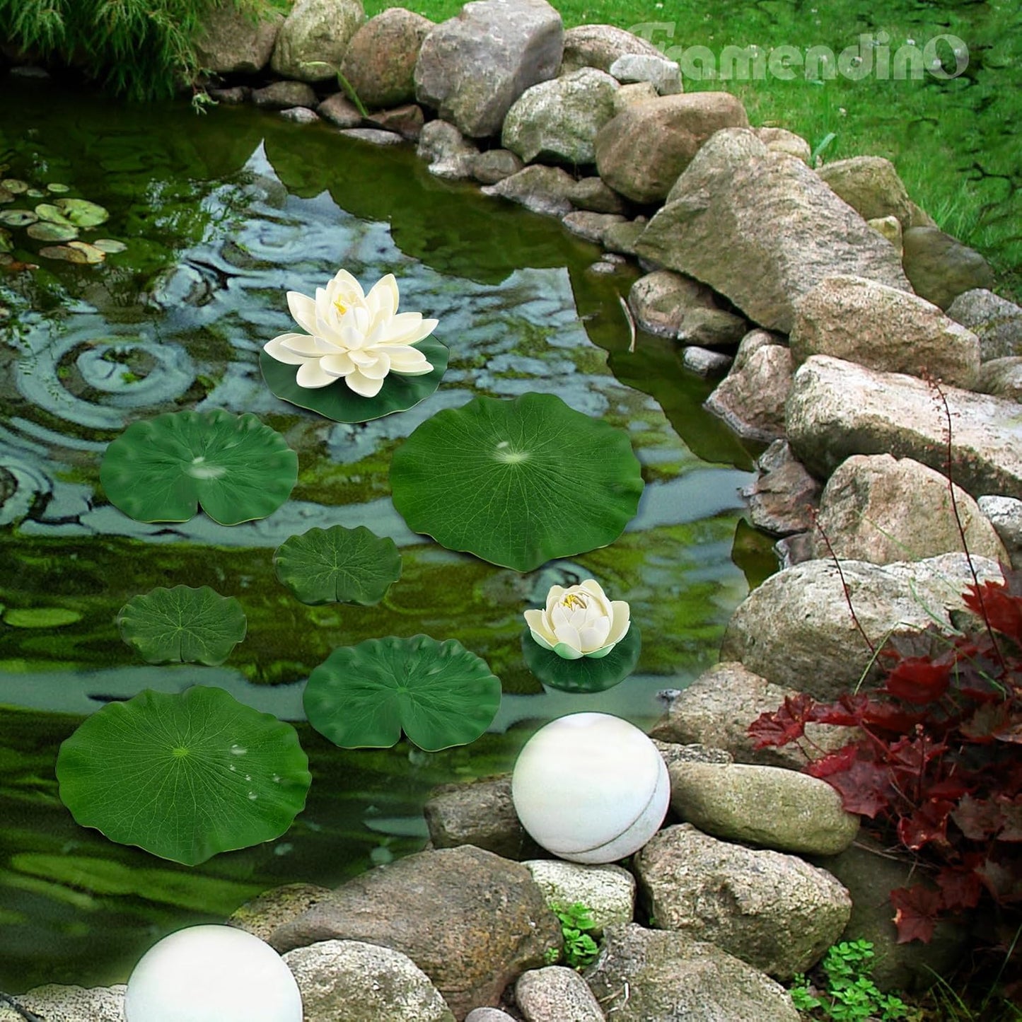 Framendino, 9 Pack Artificial Floating Foam Lotus Flower Decor Realistic Water Lily Pads Ornaments for Ponds Decoration
