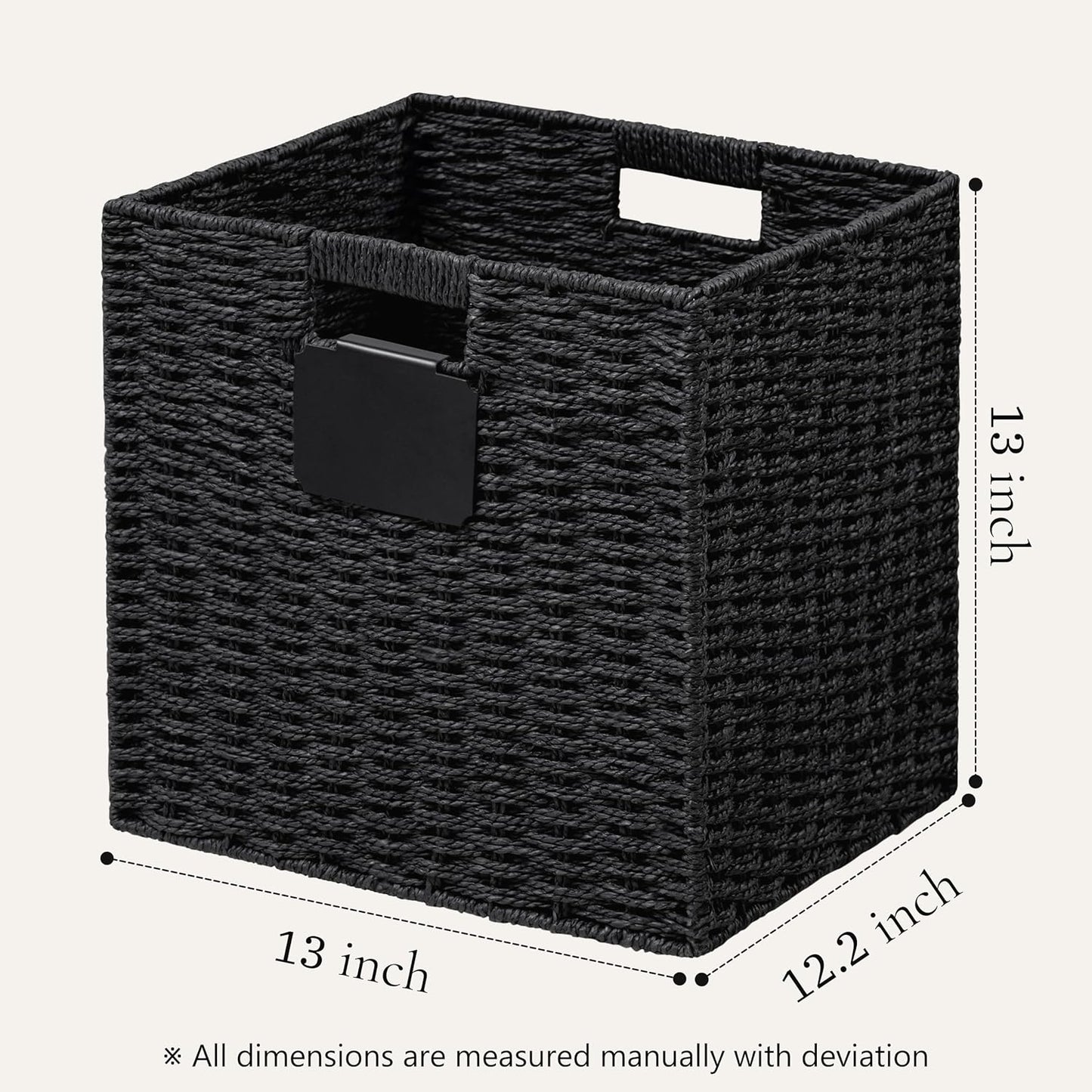 UBBCARE 2 Pack Wicker Basket, 13×13 Storage Cubes with Label, Foldable Cube Storage Bin with Handle, Square Storage Basket for Shelves, Woven Paper Rope Basket for Organizing, Black