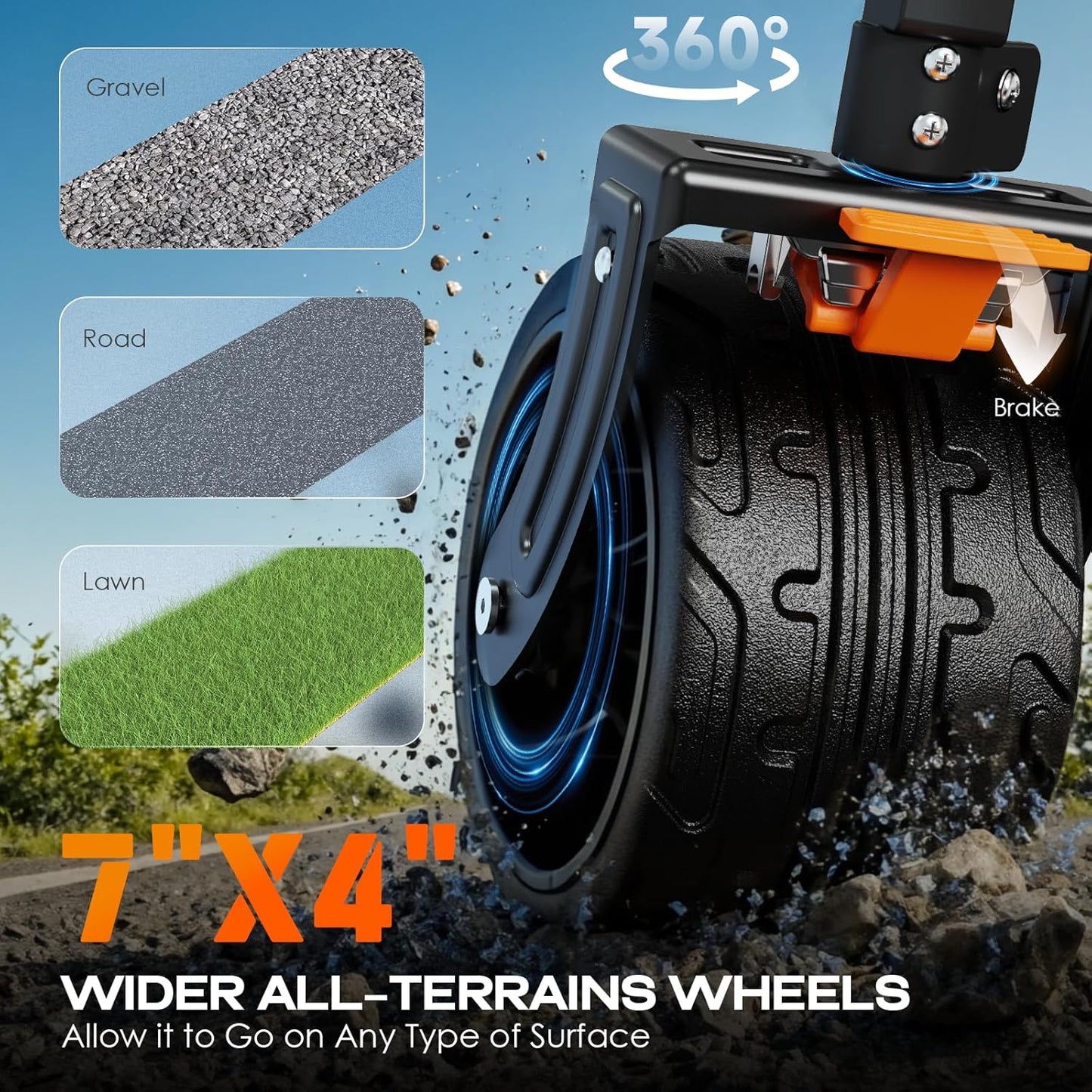 Navatiee Big Wheels Collapsible Wagon Cart Foldable, Heavy Duty Beach Wagon with Silent All-Terrain Wheels, Folding Utility Grocery Cart with Side Pocket and Brakes for Camping Garden Sports, Blue