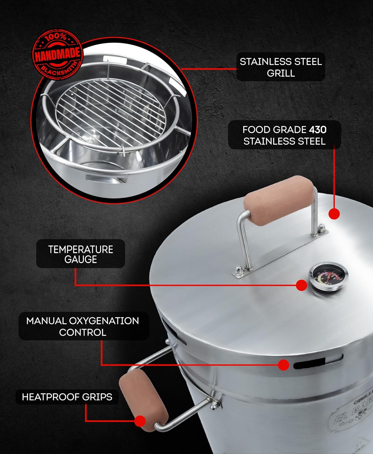 El Barril Lite Medium Barrel Smoker Grill, Stainless Steel 430, 30 lb Capacity, 12 Meat Hooks, Upper Grill and Handler, Portable Charcoal BBQ (Lite 30LBS Medium)