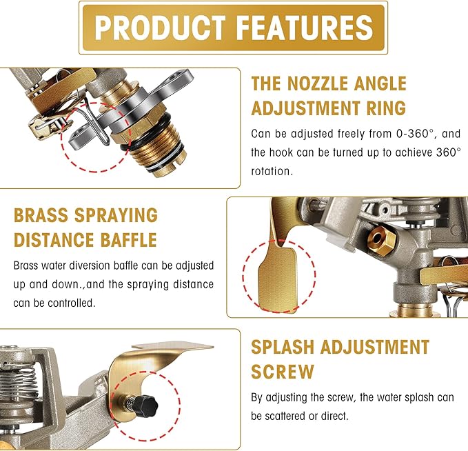 Impact Sprinkler Head Brass Pulsating Sprinkler Lawns Garden Adjustable 360 Degrees Watering Heavy Duty Sprinkler Head with Nozzles for Yard and Grass Irrigation (9 Pieces)