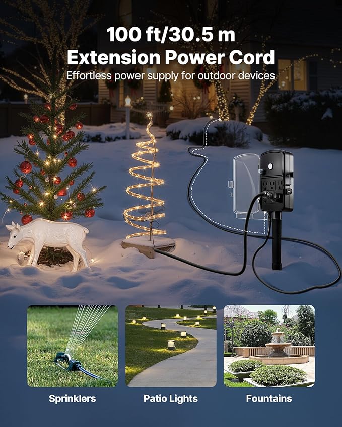 VEVOR Outdoor Power Stake Waterproof, 100 FT Extension Cord, Outdoor Power Strip - Image 3