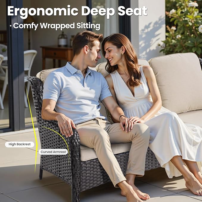 ovios 6 Pieces Patio Furniture Set with 42" Fire Pit Table, Outdoor Wicker Sofa with Ottomans, Comfy Cushions, High Back Couch Conversation Set, Brown Rattan, Beige
