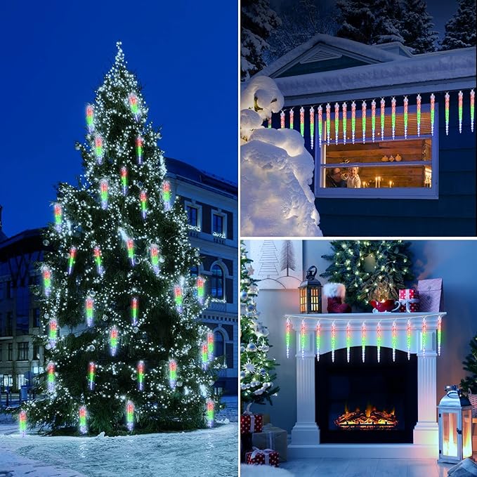 Christmas Meteor Shower Icicle Lights Outdoor, 19.8Ft With 20 Large Tube 480 LED Dropping Effect, Waterproof Decorations for House Eave Roofline, Multicolor