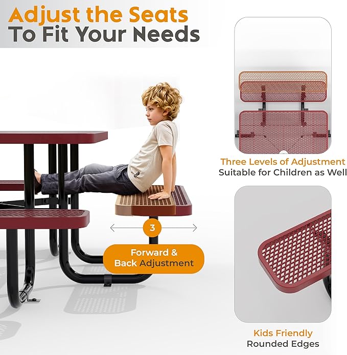 Metal Picnic Tables for Outdoors with Umbrella Hole - Coated Steel Heavy Duty Commercial Grade Table with Adjustable Seats (Red, 46 in, Square, Expanded Steel)