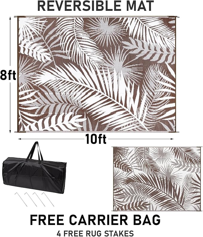 Outdoor Rug Waterproof for Patios Clearance, Reversible Outdoor Plastic Straw Rug Camping Carpet, Outside Floor Mats Large Area Rugs for RV,Patio,Deck,Porch,Beach,Balcony，10'x8',Brown&White