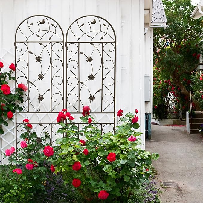 Metal Garden Trellis Rustproof Trellis for Climbing Plants Outdoor Flower Support Bird Deco (Brown-4 Pack, 86.7"x19.7")