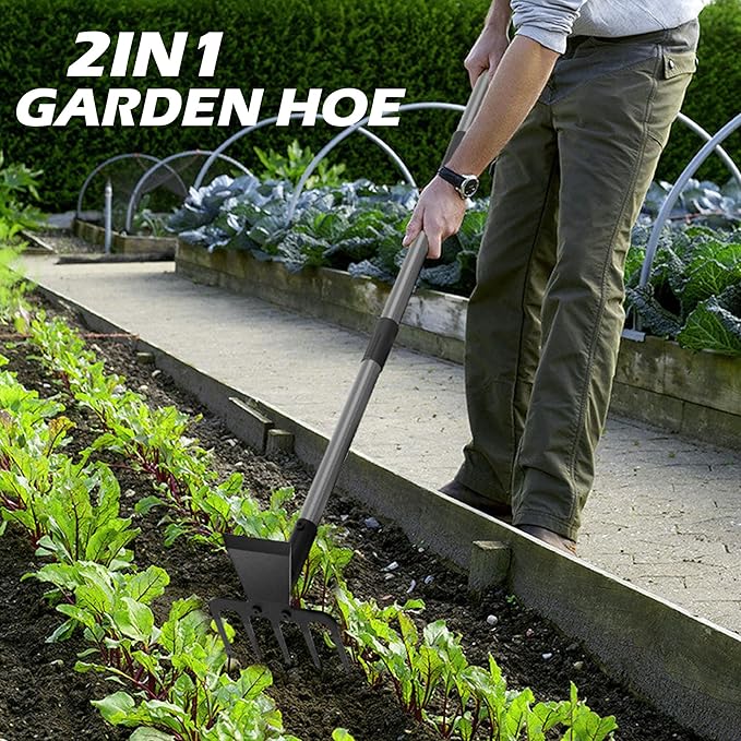Walensee 2 in 1 Hoe Garden Tool, 63 Inch Garden Hoe Cultivator and 5-Tines Rake with 37-63 Inch Adjustable Long Handle, Weeding Tools Hand Tiller for Yard Lawn Flower Beds Planting Gardening Digging