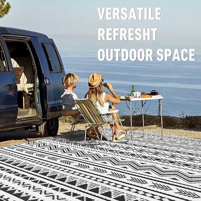 WILDROOTS 6x9 Feet Black and White Plastic Outdoor Rug, Stain Resistant Waterproof Reversible Outdoor Patio Rug, Fade Resistant Camping Rug