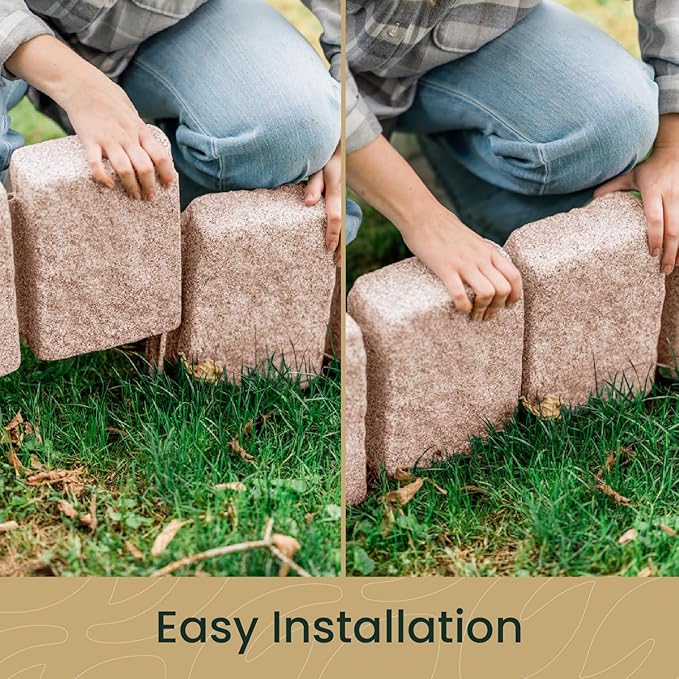 Beuta Landscape Edging | Garden Edging Border | Faux Stone Block XL for Lawn Edging, Flower Beds & Yard Edging – 40 Pack | Each Section Has 6 Blocks 48" L x 4" W x 9.5" H | 120 Spikes | Sandstone