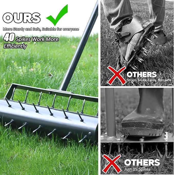 Rolling Lawn Aerator with 42 Spikes, No Assembly Required, Heavy-Duty Manual Lawn Tool for Soil Loosening and Grass Root Growth, Garden Yard Aeration Tool