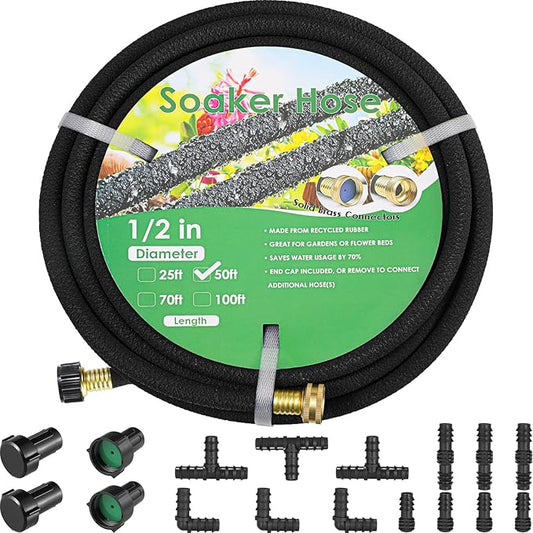 MAMIZO Soaker Hose Kit 50 ft 1/2", Solid Brass Connectors Rubber Longer Lasting, Heavy Duty Drip Hose to Save 70% Water, Soaker Hose for Garden, Lawn and Yard