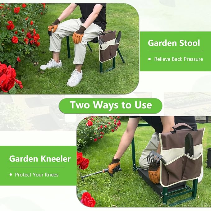 seasky Foldable Garden Kneeling and Seat,Anti-Tipping Garden Stool Widened Thick Soft Kneeling Pad, Heavy Duty Gardening Stool with Garden Tool Bag,Gardening Gift for Women(Without Gloves)
