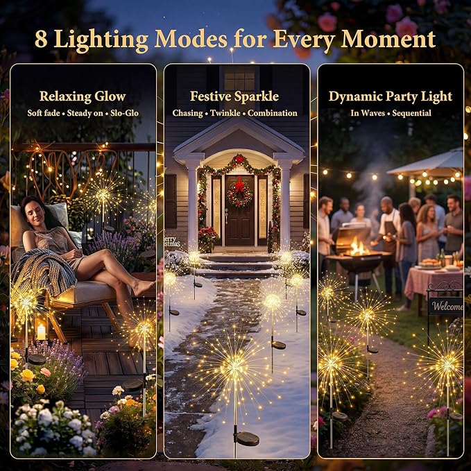 Solar Firework Lights, 10 Pack 120 LEDs 8 Lighting Modes Twinkle Solar Garden - Image 5
