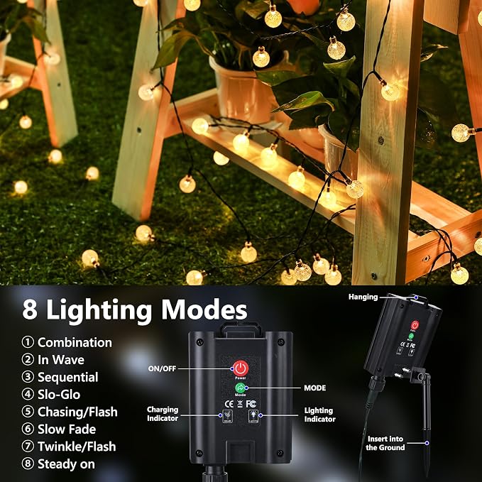 Joomer Solar String Lights Outdoor, 65FT 100LED Globe String Lights 8 Lighting - Image 4