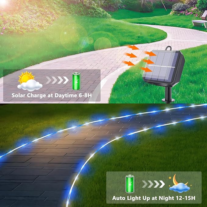Solar Rope Lights, 33ft 100LED Solar String Lights, 8 Modes Waterproof Solar - Image 3