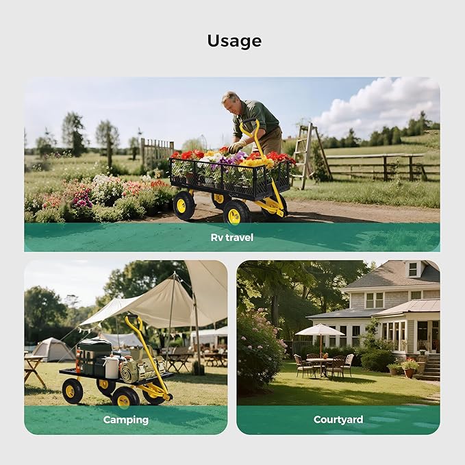 SUNNYFEEL 900 Lbs Capacity Heavy Duty Mesh Steel Garden Cart, Folding Utility Wagon with Removable Sides,10 Inch Flat Free Tires, Black & Yellow