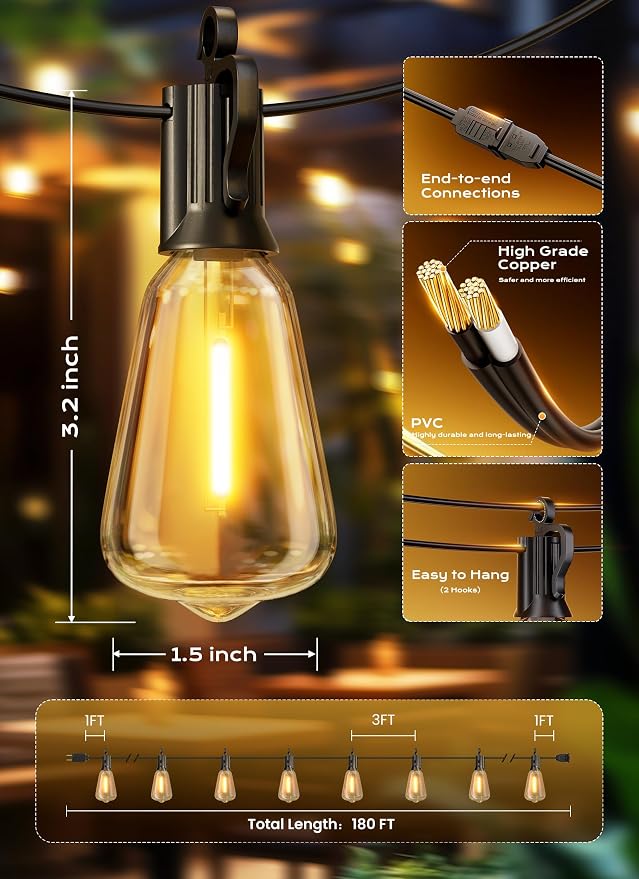 Brightown Outdoor String Lights, 180FT 60+2 LED ST38 LED Patio Lights - Image 7
