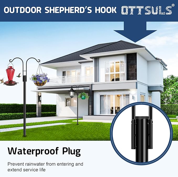 Ottsuls Bird Feeder Pole, 2 Pack 76 INCH Double Shepherds Hooks for Outdoor, Garden Pole with 5 Base Prongs Heavy Duty Planter Hooks for Hanging Plant Baskets, Lantern, Hummingbird Feeder