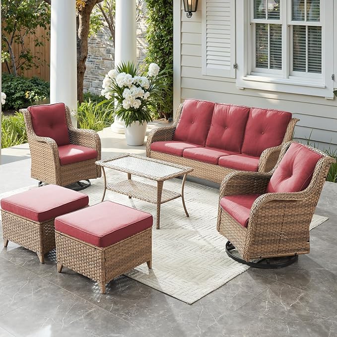 Outdoor Wicker Patio Furniture Set - 6 Piece Rattan Patio Conversation Set with 2 Rocking Swivel Chairs,2 Ottomans,1 Sofa and 1 Coffee Table for Porch Deck Backyard Garden(Yellow/Red)