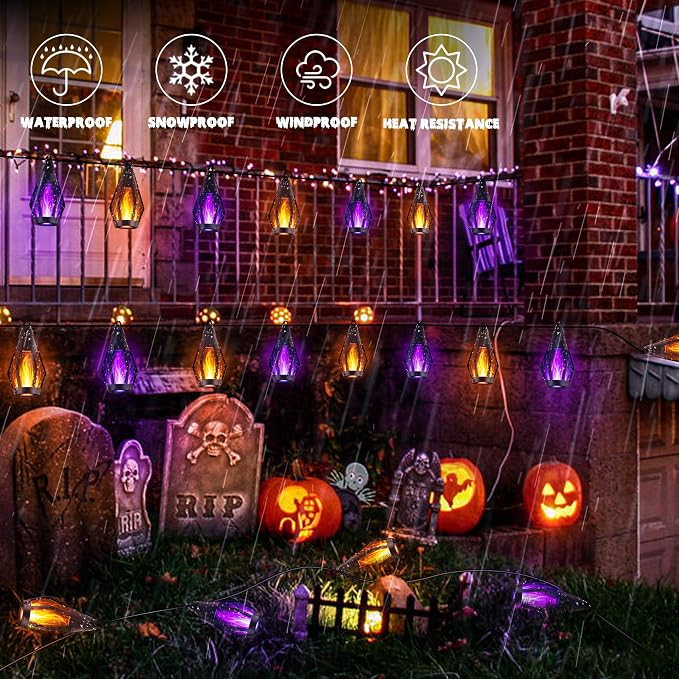iBaycon Solar Halloween Lights, 27Ft 10 LED Bulbs Flickering Flame String Light - Image 6