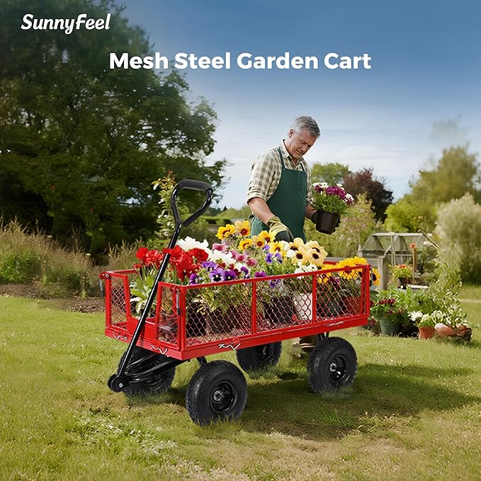 SUNNYFEEL 900 Lbs Capacity Heavy Duty Mesh Steel Garden Cart,Folding Utility Wagon with Removable Sides,10 Inch Flat Free Tires, Red