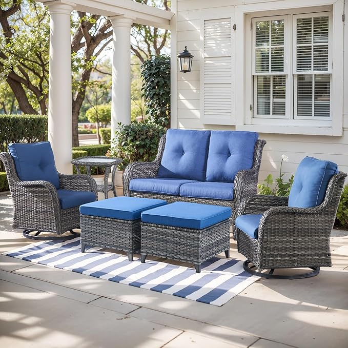 Outdoor Wicker Patio Furniture Set - 6 Piece Rattan Patio Conversation Set with 2 Rocking Swivel Chairs,2 Ottomans,1 Loveseat and 1 Side Table for Porch Deck Backyard Garden(Mixed Grey/Blue)
